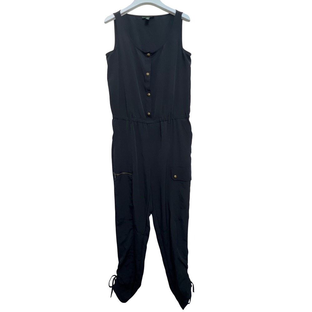 Lauren Ralph Lauren Charmeuse Sleeveless Cargo Snap Front Black Utility Jumpsuit